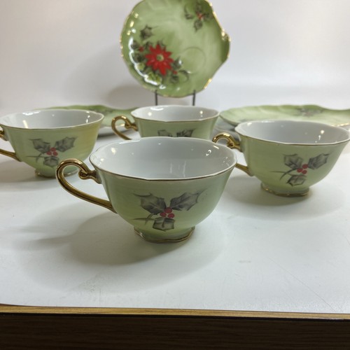 Lefton édition limitée assiette à collation poinsettia tasse à thé ensemble de 4 tasses de Noël peintes à la main - Photo 15/21