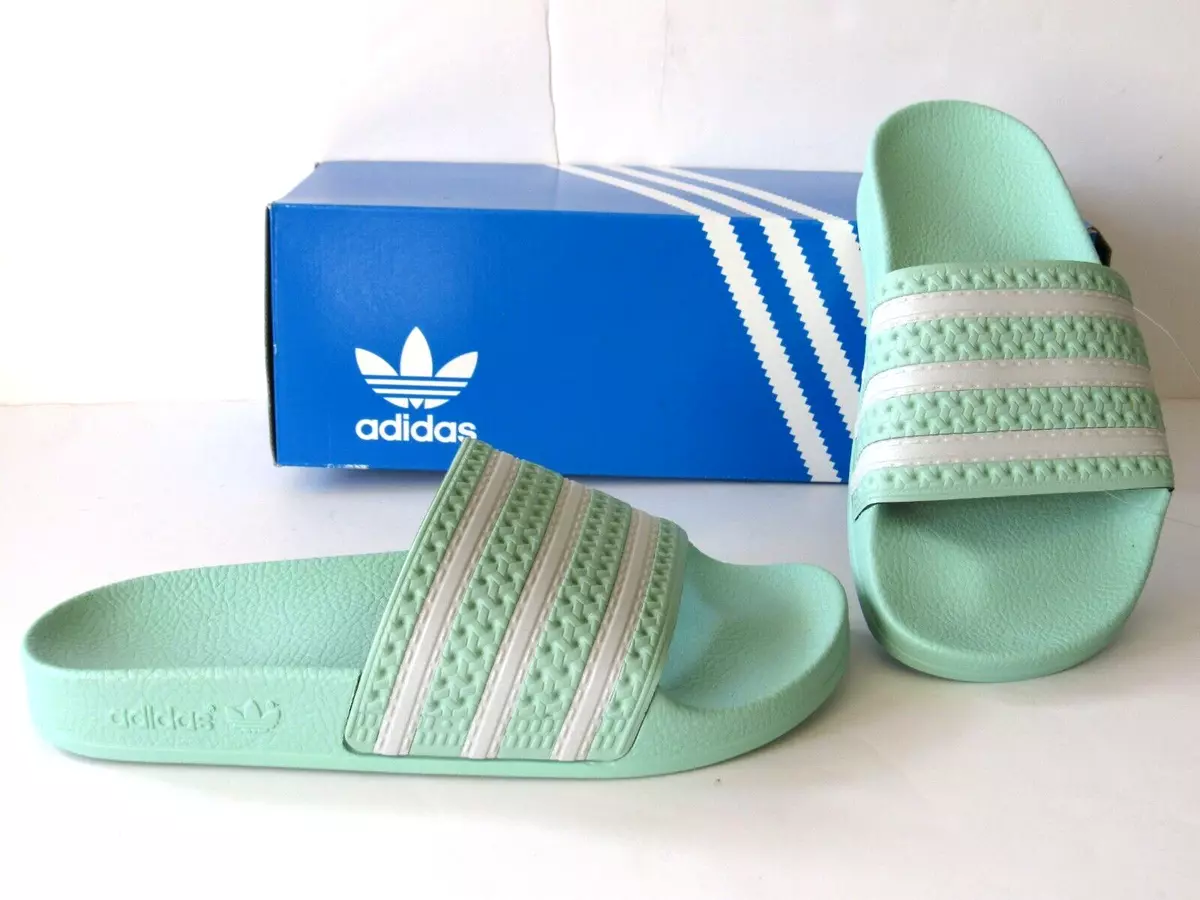 adidas Adilette Comfort Green/White 3-Stripes Slide Sandals Womens 6