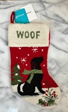 Glitzhome Dog Hooked Christmas Stocking, Black Lab, Winter Scene, WOOF, 17" Long
