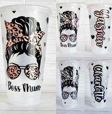 Personalisierte Leopardenmuster Messy Bun - Boss Mum 24 Unzen kalte Tasse, Eiskaffee Geschenk