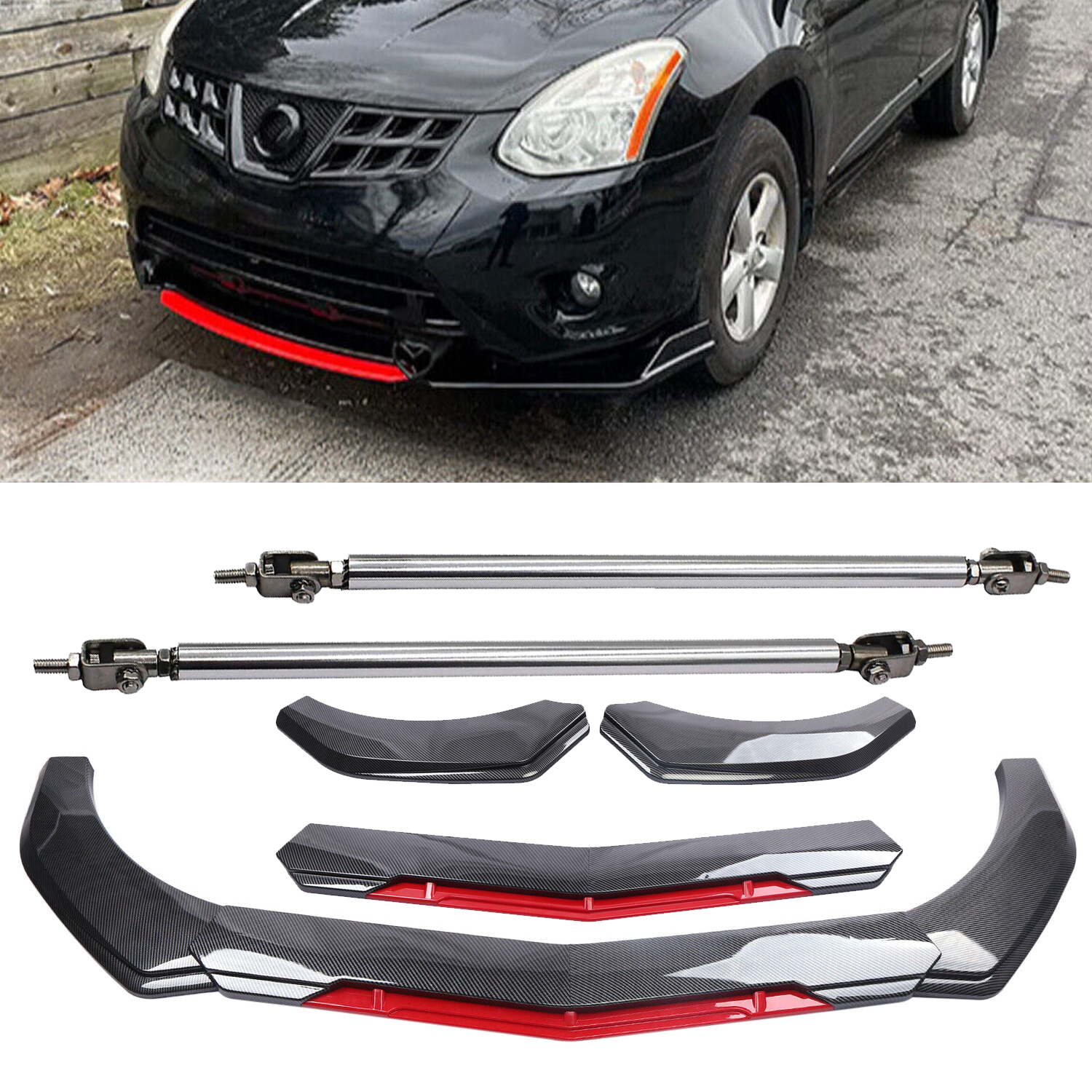 Nissan Versa Carbon Fiber Front Bumper Lip Spoiler Splitter with Strut Rods