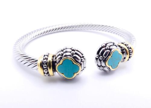 UNIQUE 18kt Gold Plated Cable Dots Texture Turquoise Clover Flower Cuff Bracelet - Picture 4 of 11