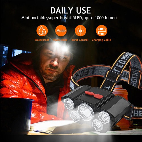 Super Bright 5 LED Headlamp Headlight Head Torch Flashlight USB Rechargeable - Picture 3 of 17