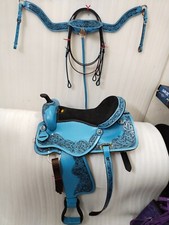 Sky/Blue Western Leather Barrel Racing Horse Saddle With Tack Set Size 15".