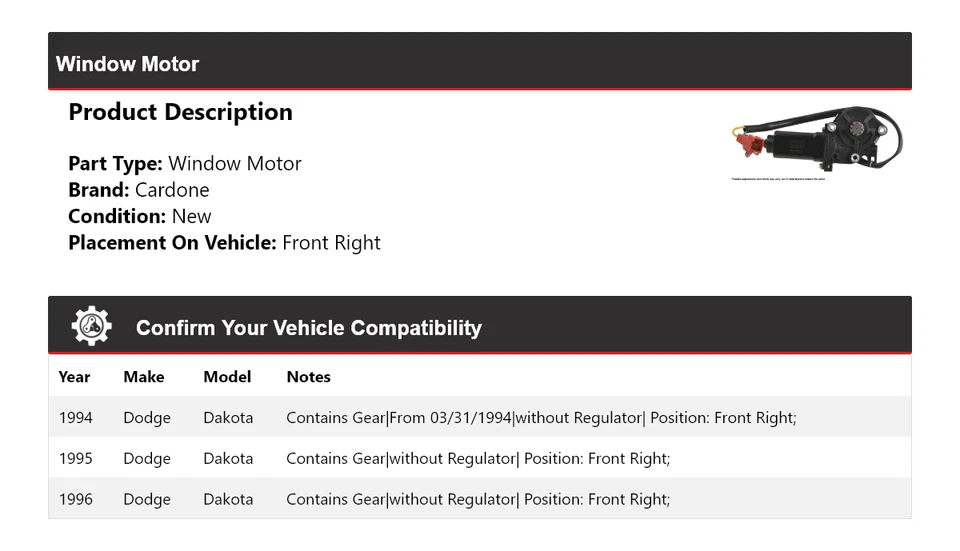 Motor de ventana delantero derecho Cardone 1995 para Dodge Dakota 1994-1996 Foto 2 de 4