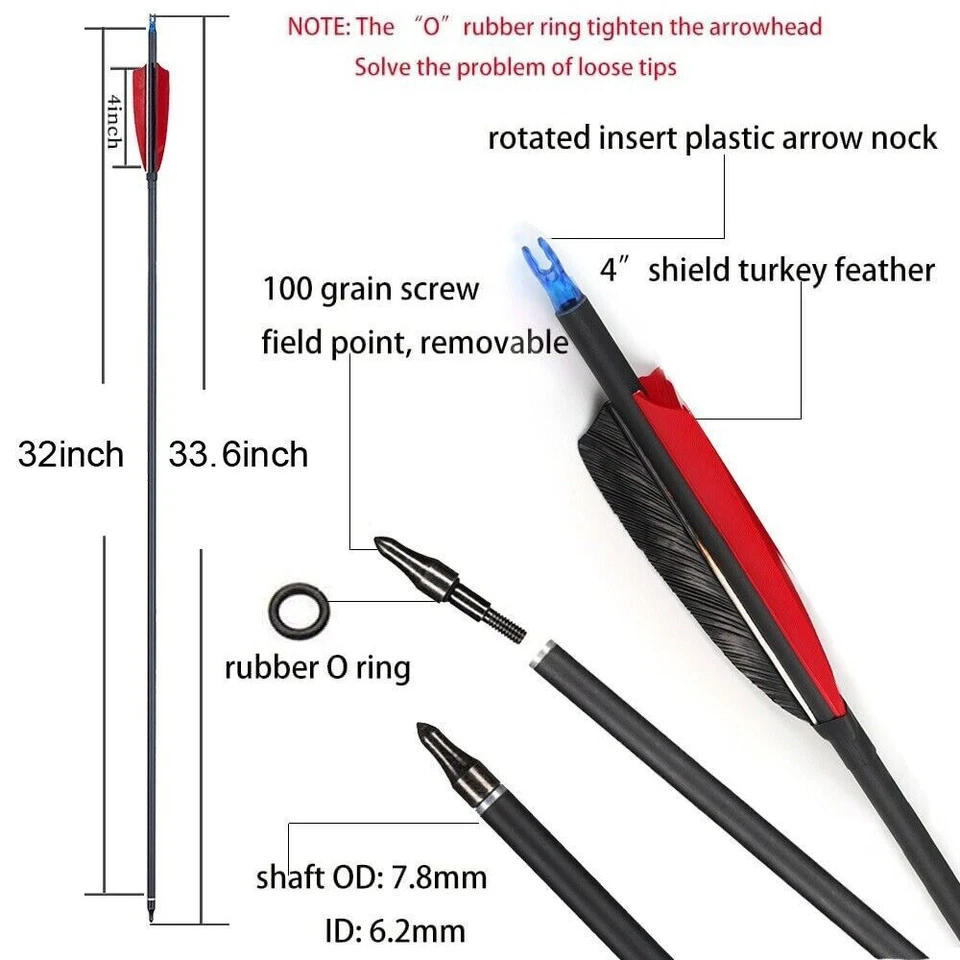 12 piezas 32" pluma de pavo flechas de carbono columna 500 OD:7,8 para arco compuesto y curvo Foto 2 de 4