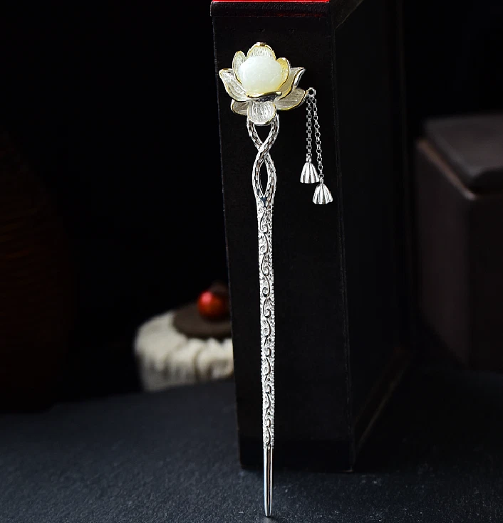 Hot Retro Silver  Chinese Hetian Jade Lotus Hairpin Hanfu Hair Stick - Image 4 of 4