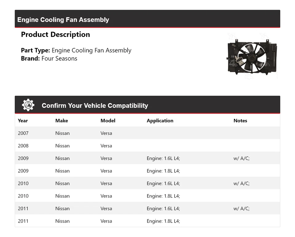 Para 2007-2011 Nissan Versa conjunto de ventilador de refrigeração do motor 4 estações 2008 2009 2010 - Imagem 2 de 4