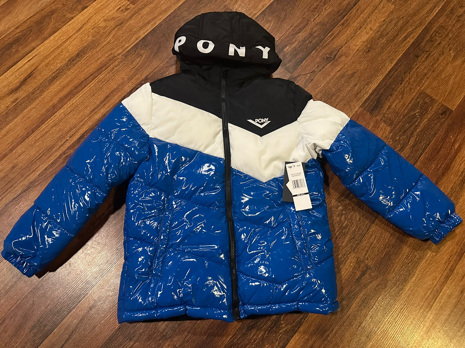 PONY Cappotto tampone lucido con cappuccio blu e bianco per ragazzi taglia 10 12 nuovo con etichette