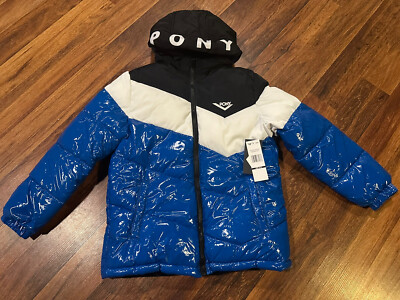 Pony Boys Sz 10/12 Blue and White Hooded Shiny Puffer Jacket