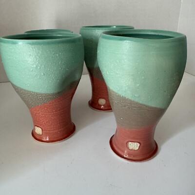 Handmade Ceramic Cups with Red & Blue Glaze - Unique Artisan Pottery SET OF 4