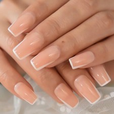 24 Medium Press on nails kit w glue Square nude french white rim