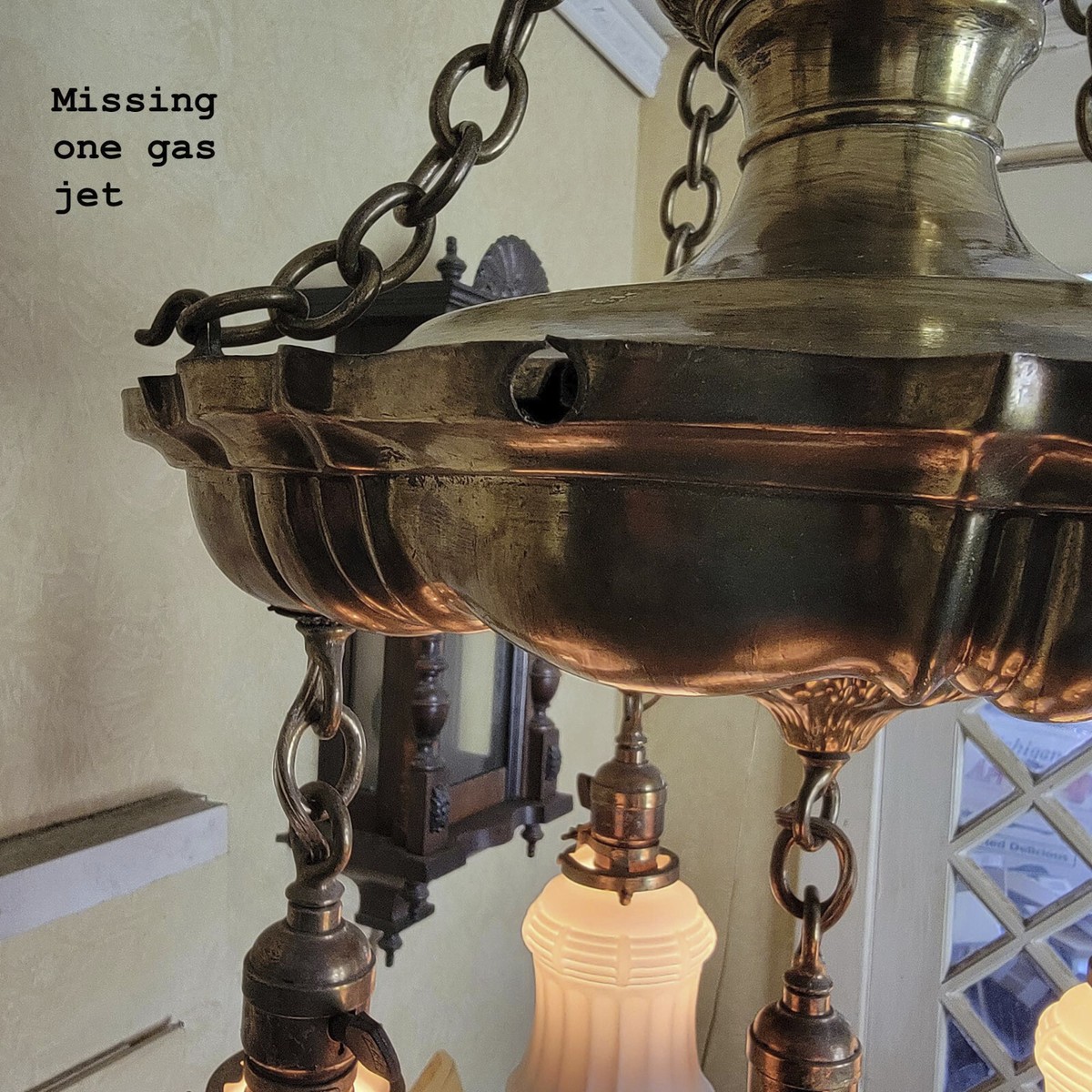 341c Antique 10's 20s Sheffield brass gas electric ceiling