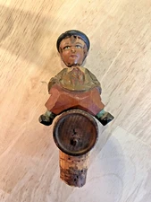 Vintage Hand Carved Wood Wine Bottle Cork Stopper Boy 