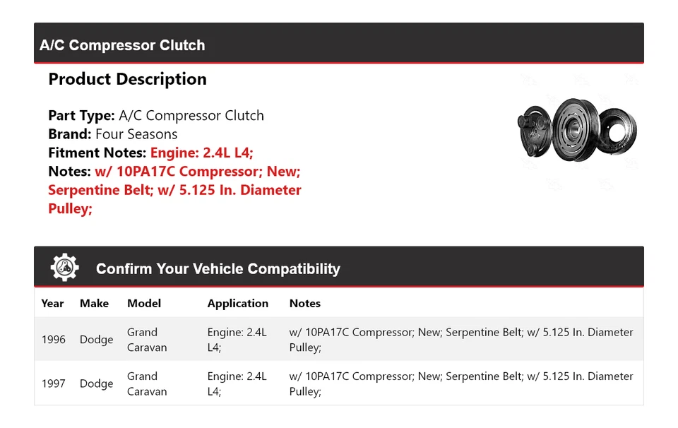 Embrague compresor aire acondicionado 4 estaciones para Dodge Grand Caravan 1996-1997 2,4 L L4 Foto 2 de 4