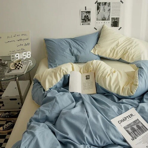 Einfarbige doppelt gewaschene Baumwolle Bettwäsche 4-teiliges Set Schlafsaal Bettwäsche Duvet Set - Bild 12 von 38