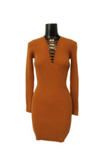 Timing Women's Long-Sleeve Ribbed Bodycon Lattice-Neck Dress LC7 Brown Large