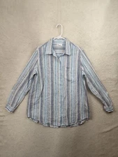 Gap Women Top Large Blue Striped 100% Linen Long Sleeve Button Up Shirt