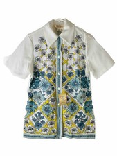 NOS Vintage 70s Medium Floral Knit Pointed Collar Button Shirt Disco Mod