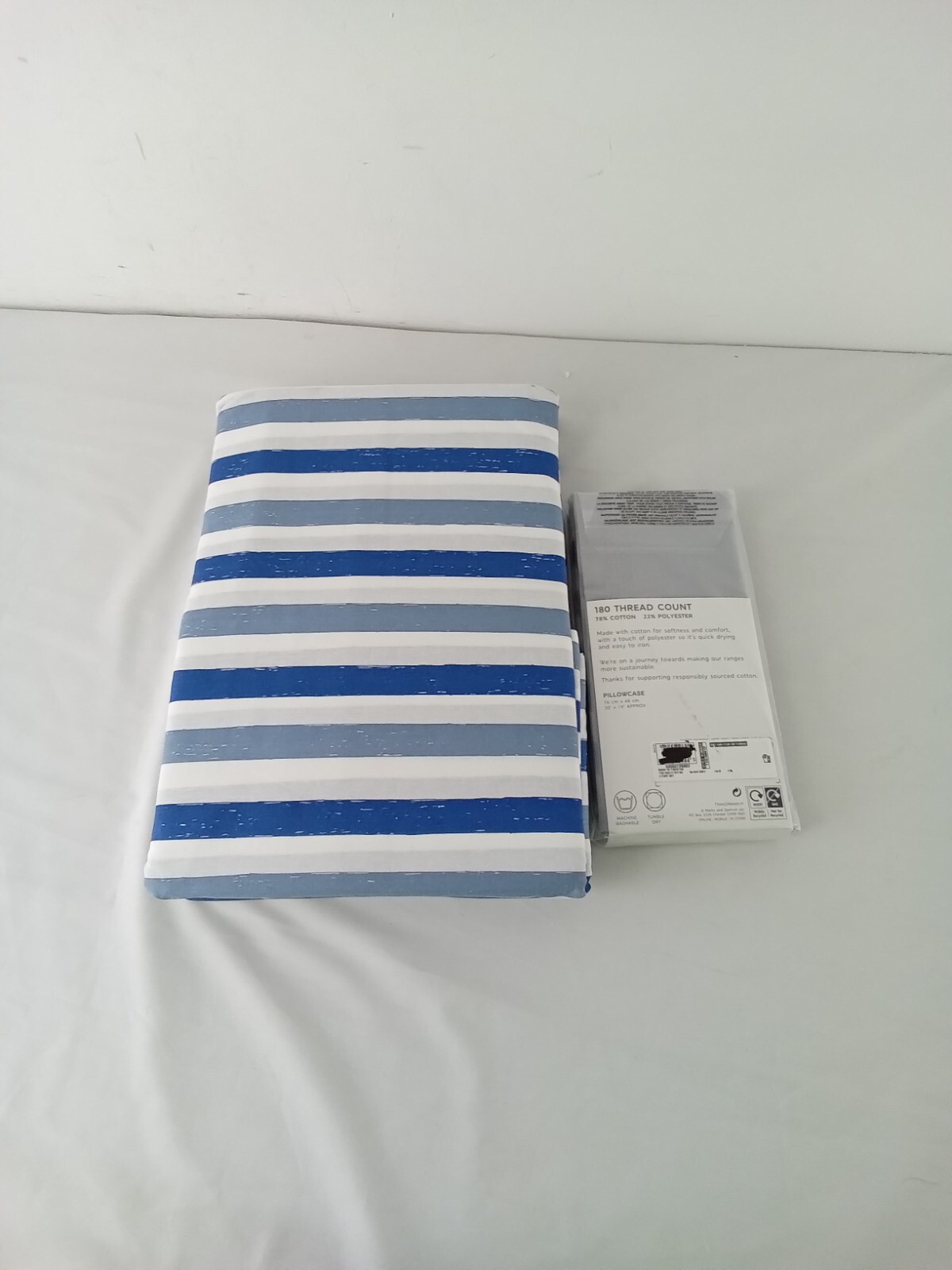 M&S King Size Duvet Cover Set Striped Blue With Grey Pillowcases Set