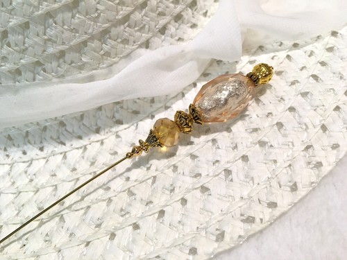 PINK CHAMPAGNE HATPIN with Crystal in Gold Finish Setting - 8 inch Hat pin - Picture 5 of 11