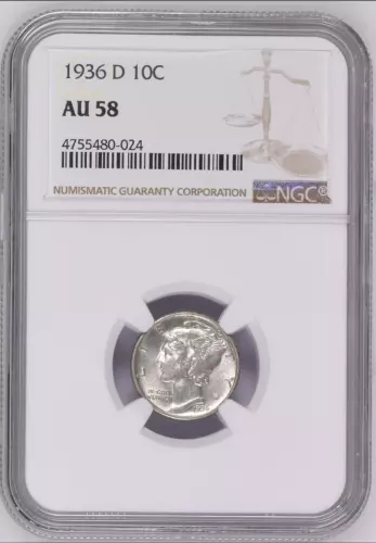 NGC AU 58 10 C 1936 D SILVER MERCURY DIMES