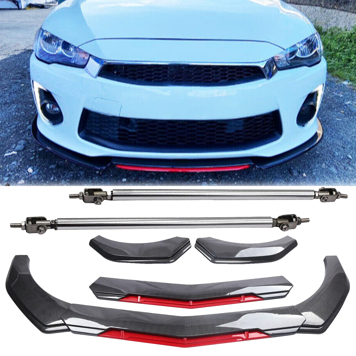 For Mitsubishi Lancer Front Bumper Lip Spoiler Splitter Strut Rod Carbon Fiber