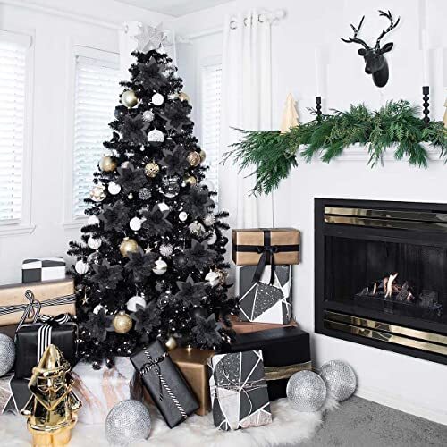 Christmas Tree Ornaments 10Pcs Glitter Poinsettia,Artificial Poinsettia Black - Picture 7 of 7