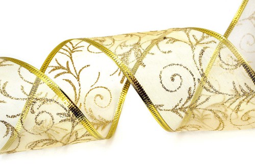 Gold Wired Ribbon Sheer Glitter Organza 2.5 in Ribbon Holiday Gift Wrap Birthday - Picture 2 of 3