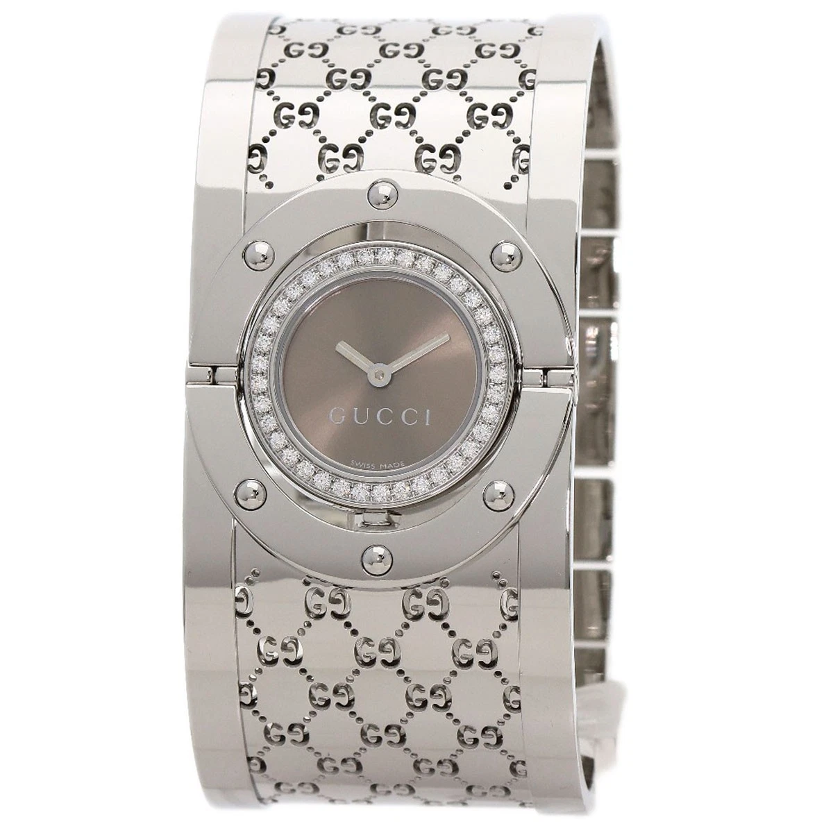 Montre Bracelet GUCCI Toile Large Diamant Lunette 112 Acier Inoxydable Femme Occasion