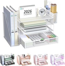 WALI 4-Tier Metal Desk File Organizer w/Drawer Pen Holders, White