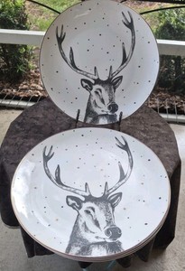 Set of 4 Harvest Green Studio MCM Deer Real Gold Trim Porcelain Dinner Plates