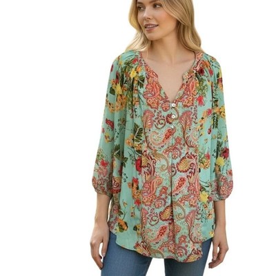 Fig & Flower Top Blouse Aqua Multicolor Paisley V Neck Sheer Raglan Sleeve Large