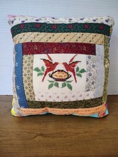 Vintage Handmade Quilted Patchwork Pillow Cross Stitch Birds Log Cabin Pattern