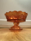 Vintage Amber Depression Glass Compote Pedestal Bowl Orange Tree Floral Scallope