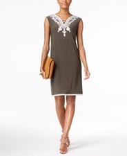 ALFANI Petite Soutache Trim V-Neck Sleeveless Shift Dress, SMALL, Olive