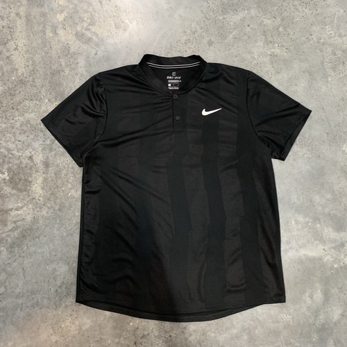 Nike Court Polo Shirt Large Black Tennis Band Blade Dri Fit Striped Mens