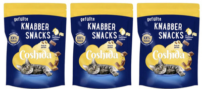 3x 150g COSHIDA gefüllte Knabber-Snacks mit Käse & Geflügel knusprig & cremig