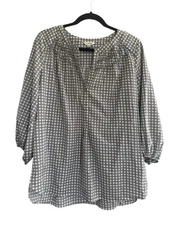 Max Studio Large Top Balloon 3/4 Sleeves Mosaic Ivory Gray Vneck Tunic Top #4787