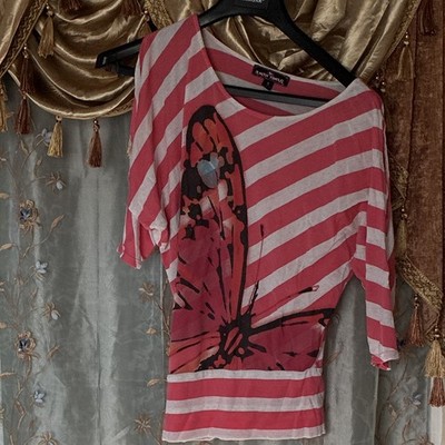 Almost Famous Women s Pink Striped Butterfly Dolman Boat Neck Knit T-Shirt S