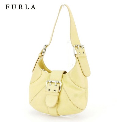 FURLA Leather One-Shoulder Belt Bag Yellow Beige Silver Vintage Preowned D2061