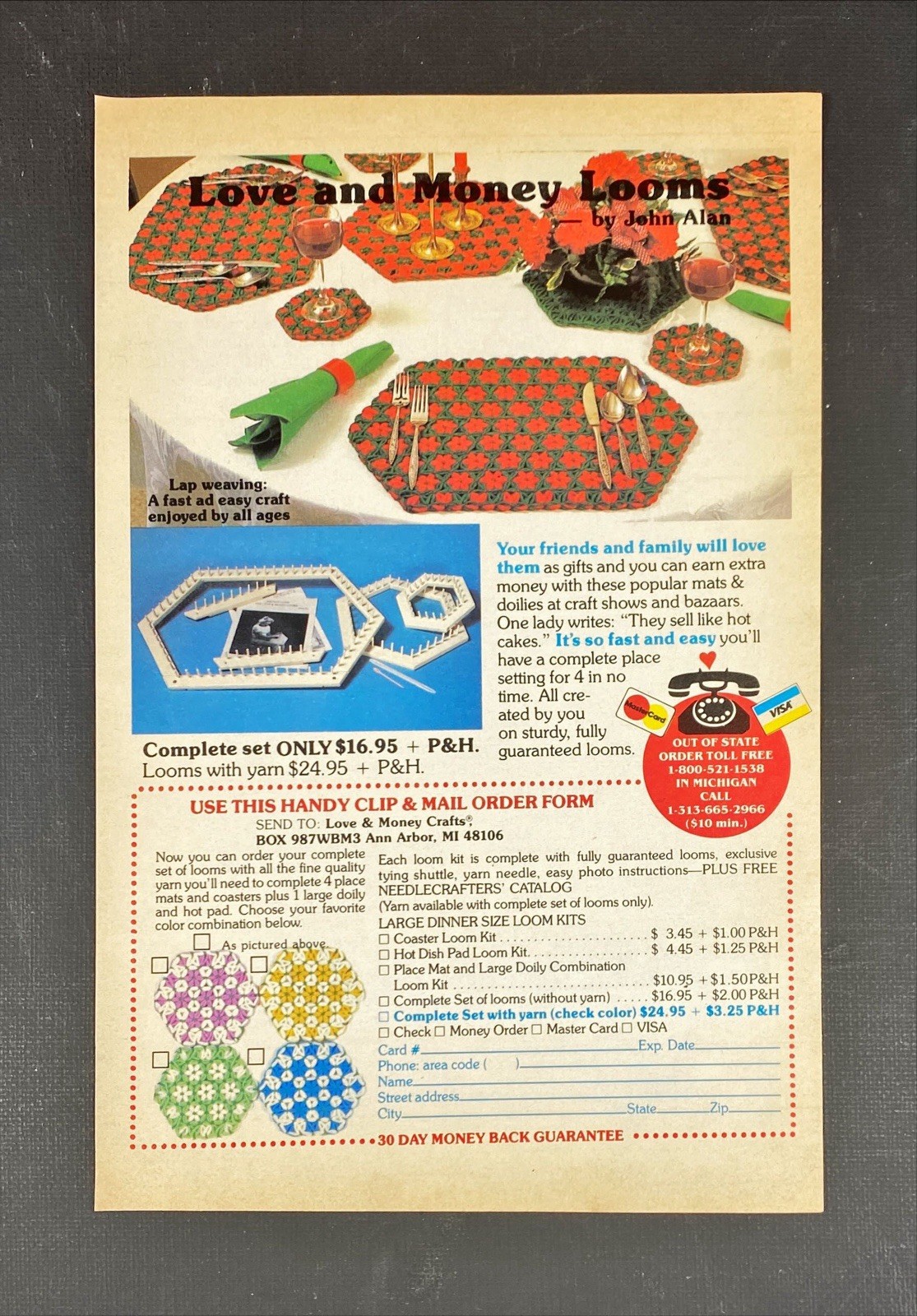 Love & Money Crafts Loom w/ Yarn Set "Friend Family will Love Place Mats" Vtg Ad