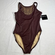 Vintage 90's Newport News One Piece Swimsuit 12 Brown Tank Boho Swimwear Beaded