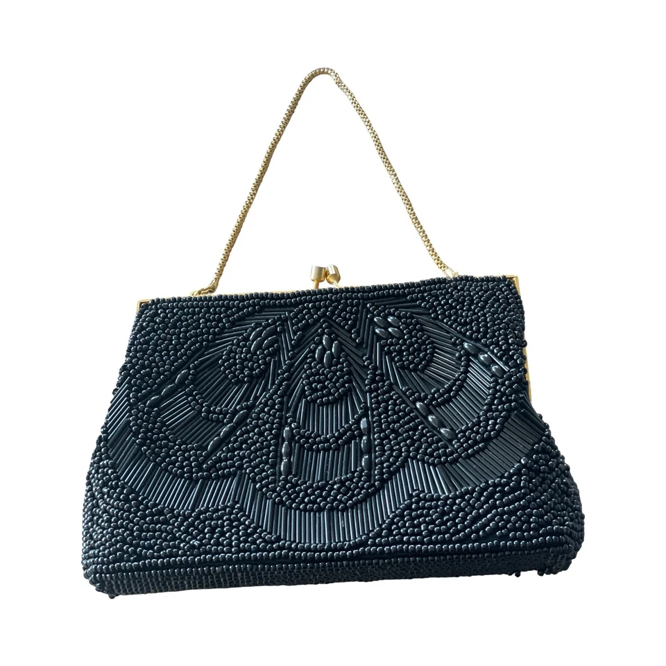 Bolso de Noche Vintage Negro con Cuentas Cartera Bolso sin asas con asa de cadena dorada 4.5 * Foto 2 de 4