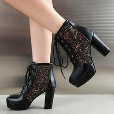 Ankle Boots High Heel Glitter Oversize Sequin Shiny Leather Platform Women Shoes