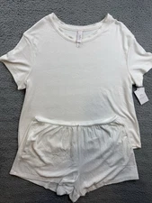 Auden Womens Medium Cream Pointelle Short Sleeve Top & Shorts Pajama Set