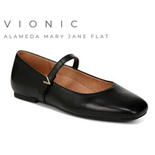 VIONIC Women's Alameda Mary Jane Flat in Black Leather - Multi Size NWB