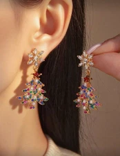 New Christmas Holiday Rhinestone Earrings Drop Dangle Stud Gold Christmas Tree