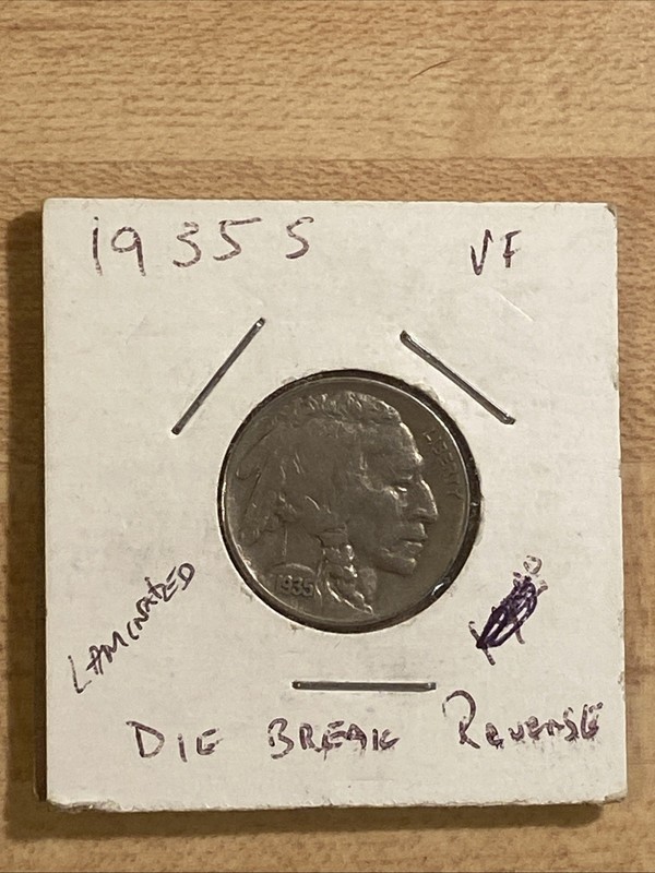1935 S Indian Head Buffalo Nickel - ERROR-Laminated-Die Break Reverse-VG
