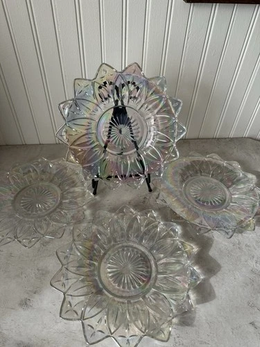 Vintage Federal Glass Petal Iridescent 9.25” Dinner Plate Set Of 4 Plates EUC